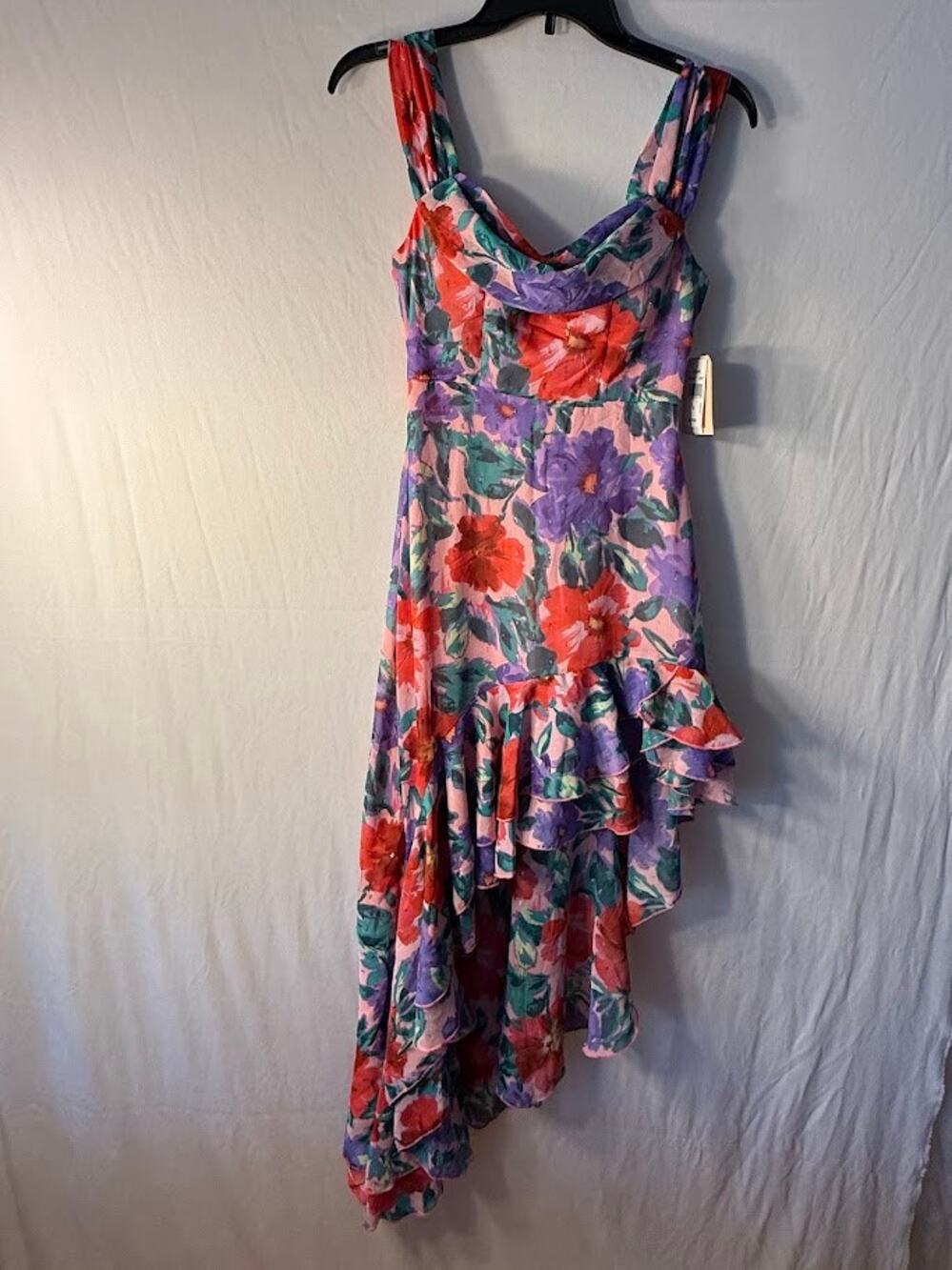 City Studio Floral-Print Cold-Shoulder Ruffle-Trim Dress XS